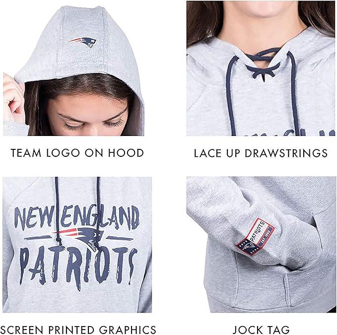 Ultra Game NFL Official Women's Super Soft Tie Neck Pullover Hoodie Sweatshirt, New England Patriots, White|New England Patriots