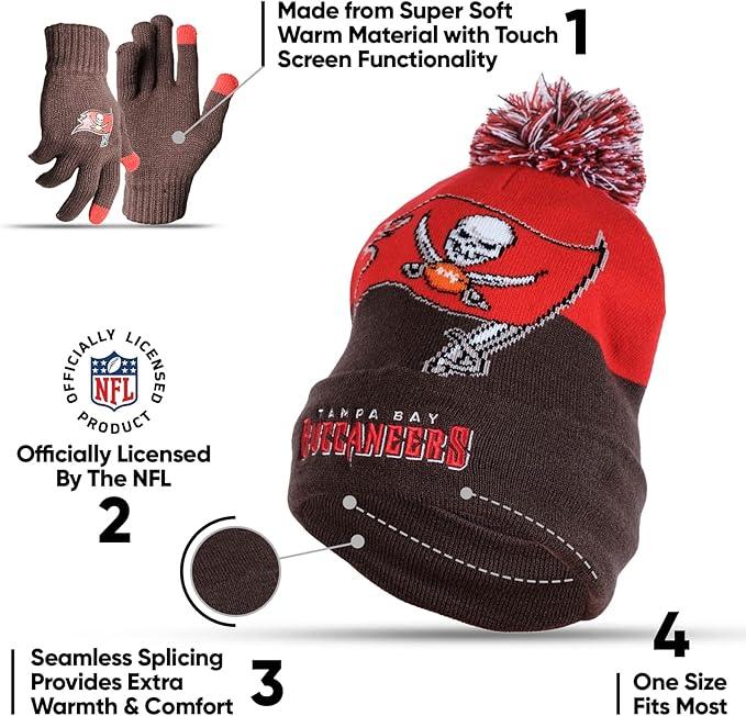 Ultra Game NFL Official Adults Unisex Super Soft Winter Beanie Knit Hat With Extra Warm Touch Screen Gloves, Tampa Bay Buccaneers, Team Color, 1SIZE|Tampa Bay Buccaneers