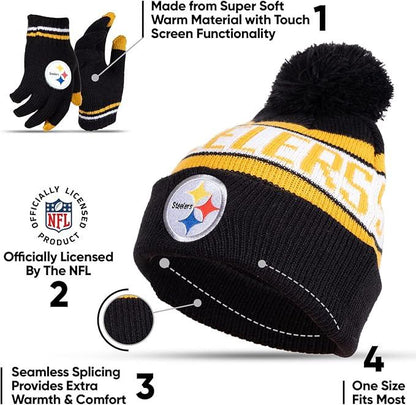 Ultra Game NFL Official Youth Super Soft Winter Beanie Knit Hat With Extra Warm Touch Screen Gloves, Pittsburgh Steelers, Team Color 1, 1SIZE|Pittsburgh Steelers