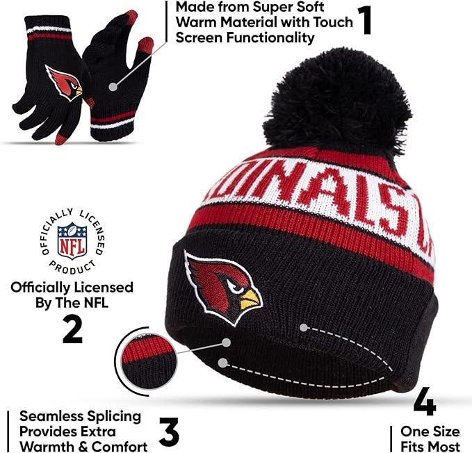 Ultra Game NFL Official Youth Super Soft Winter Beanie Knit Hat With Extra Warm Touch Screen Gloves, Arizona Cardinals, Team Color 1, 1 SIZE|Arizona Cardinals