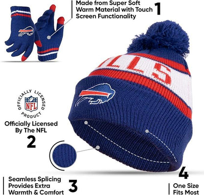 NFL Official Youth Super Soft Winter Beanie Knit Hat With Extra Warm Touch Screen Gloves|Buffalo Bills