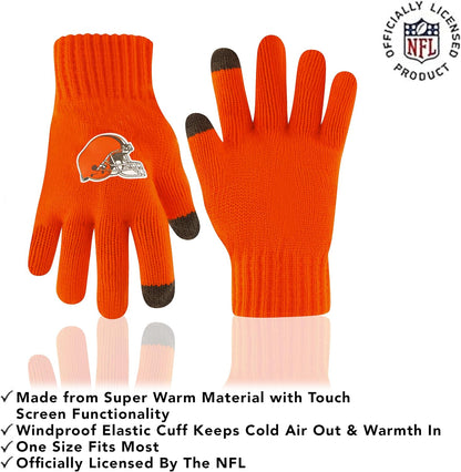 Ultra Game NFL Official Youth Super Soft Winter Beanie Knit Hat With Extra Warm Touch Screen Gloves, Cleveland Browns, Team Color 2, 1SIZE|Cleveland Browns