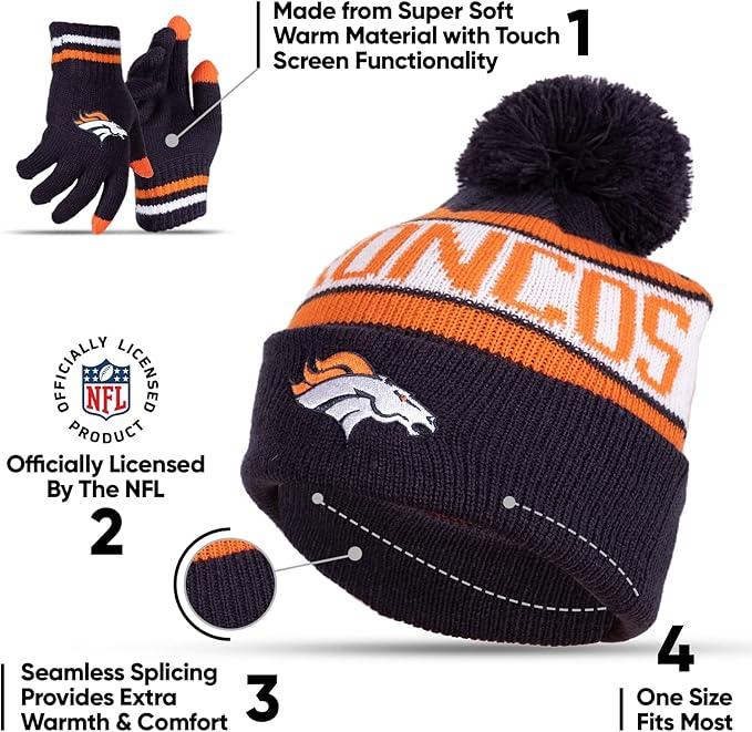 Ultra Game NFL Official Youth Super Soft Winter Beanie Knit Hat With Extra Warm Touch Screen Gloves, Denver Broncos, Team Color 1, 1 SIZE|Denver Broncos