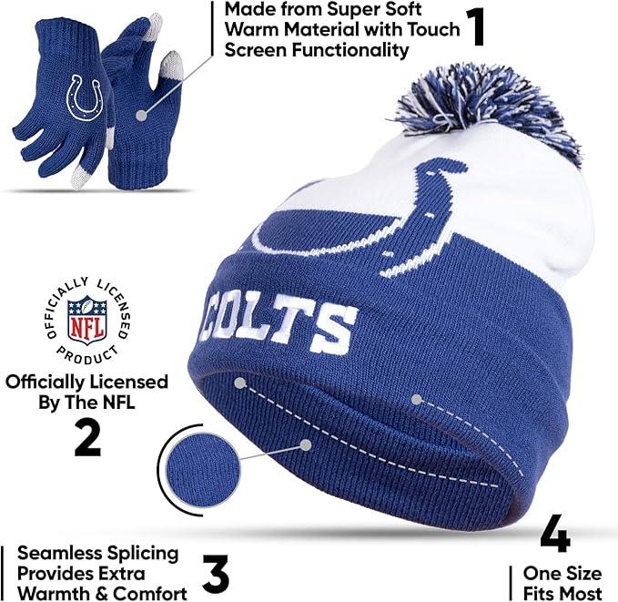 Ultra Game NFL Official Youth Super Soft Winter Beanie Knit Hat With Extra Warm Touch Screen Gloves, Indianapolis Colts, Team Color 2, 1SIZE|Indianapolis Colts