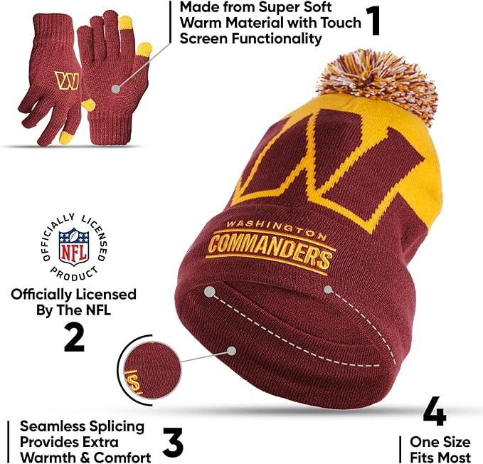 Ultra Game NFL Official Adults Unisex Super Soft Winter Beanie Knit Hat With Extra Warm Touch Screen Gloves, Washington Commanders, Team Color, 1SIZE|Washington Commanders