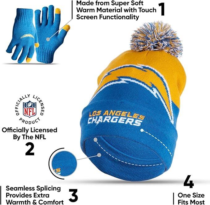 Ultra Game NFL Official Adults Unisex Super Soft Winter Beanie Knit Hat With Extra Warm Touch Screen Gloves, Los Angeles Chargers, Team Color, 1SIZE|Los Angeles Chargers