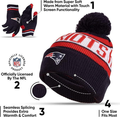 Ultra Game NFL Official Youth Super Soft Winter Beanie Knit Hat With Extra Warm Touch Screen Gloves, New England Patriots, Team Color 1, 1 SIZE|New England Patriots