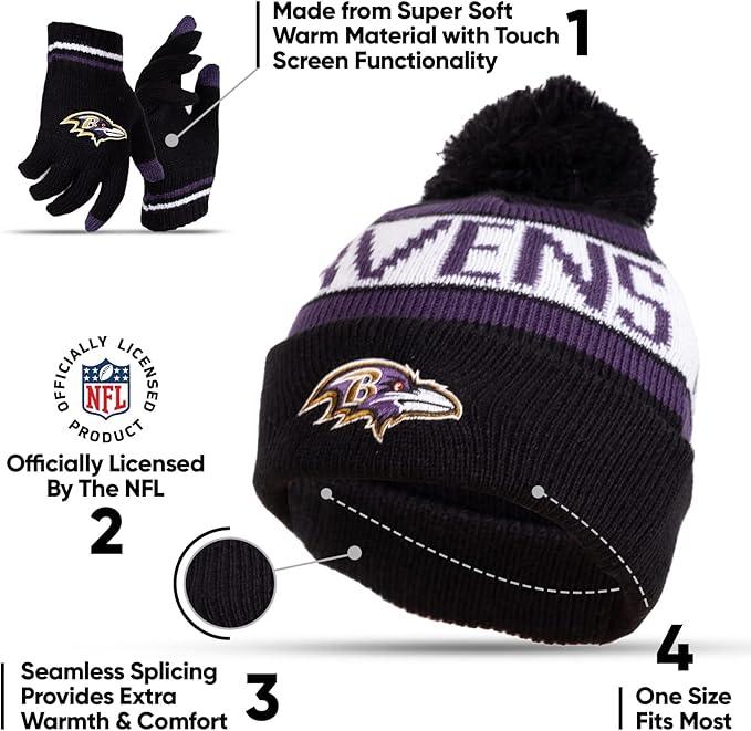 Ultra Game NFL Official Youth Super Soft Winter Beanie Knit Hat With Extra Warm Touch Screen Gloves, Baltimore Ravens, Team Color 1, 1SIZE|Baltimore Ravens