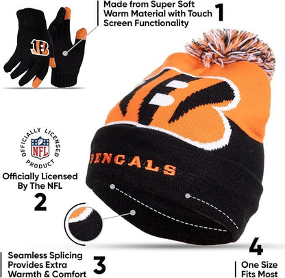 NFL Official Youth Super Soft Winter Beanie Knit Hat With Extra Warm Touch Screen Gloves|Cincinnati Bengals