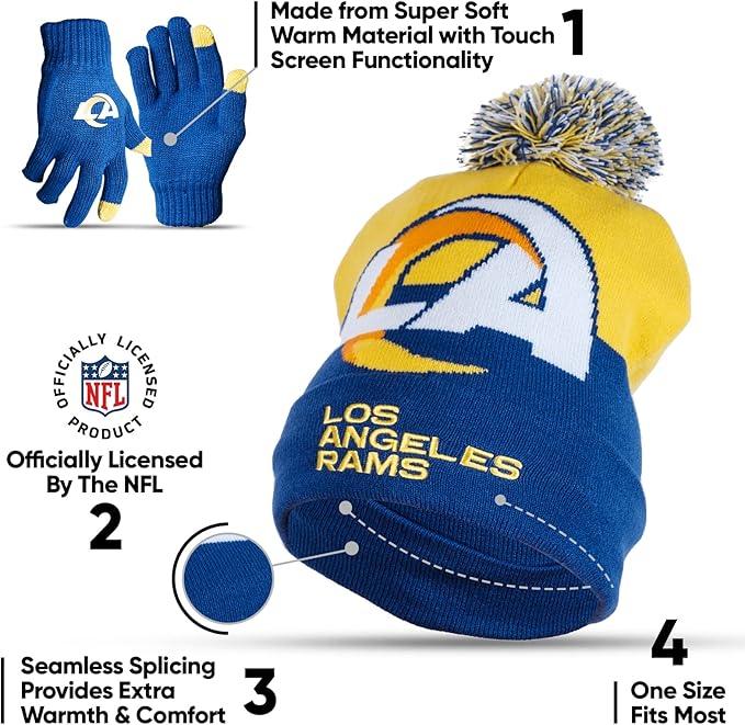 Ultra Game NFL Official Adults Unisex Super Soft Winter Beanie Knit Hat With Extra Warm Touch Screen Gloves, Los Angeles Rams, Team Color 2, 1SIZE|Los Angeles Rams