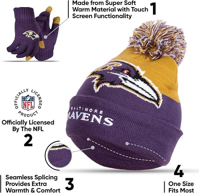 Ultra Game NFL Official Youth Super Soft Winter Beanie Knit Hat With Extra Warm Touch Screen Gloves, Baltimore Ravens, Team Color 2, 1SIZE|Baltimore Ravens