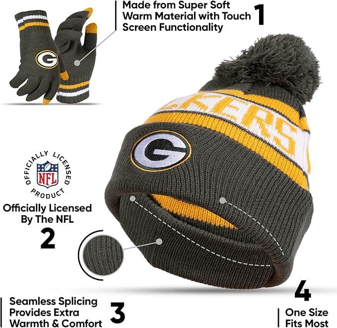 NFL Official Youth Super Soft Winter Beanie Knit Hat With Extra Warm Touch Screen Gloves|Green Bay Packers