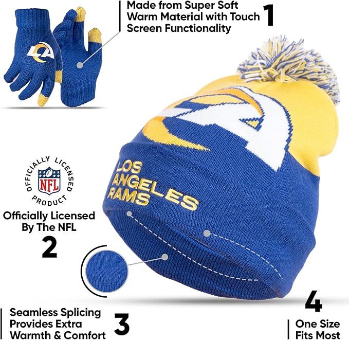 Ultra Game NFL Official Youth Super Soft Winter Beanie Knit Hat With Extra Warm Touch Screen Gloves, Los Angeles Rams, Team Color 2, 1SIZE|Los Angeles Rams