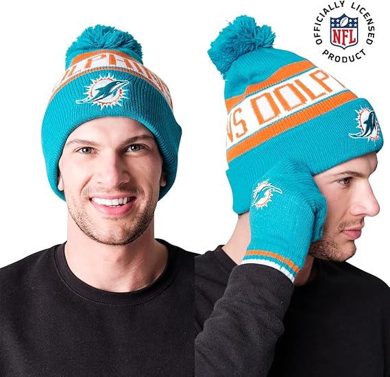 Ultra Game NFL Official Adults Unisex Super Soft Winter Beanie Knit Hat with Extra Warm Touch Screen Gloves Miami Dolphins Team Color 1 1SIZE Miami