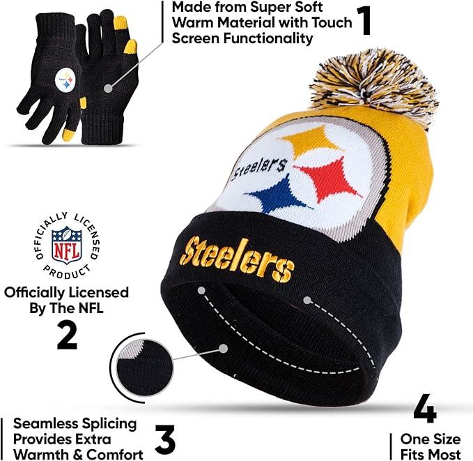 Ultra Game NFL Official Adults Unisex Super Soft Winter Beanie Knit Hat With Extra Warm Touch Screen Gloves, Pittsburgh Steelers, Team Color, 1SIZE|Pittsburgh Steelers