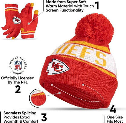 Ultra Game NFL Official Youth Super Soft Winter Beanie Knit Hat With Extra Warm Touch Screen Gloves, Kansas City Chiefs, Team Color 1, 1SIZE|Kansas City Chiefs