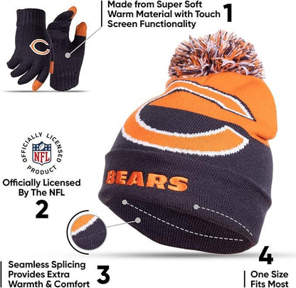 Ultra Game NFL Official Youth Super Soft Winter Beanie Knit Hat With Extra Warm Touch Screen Gloves, Chicago Bears, Team Color 2, 1SIZE|Chicago Bears