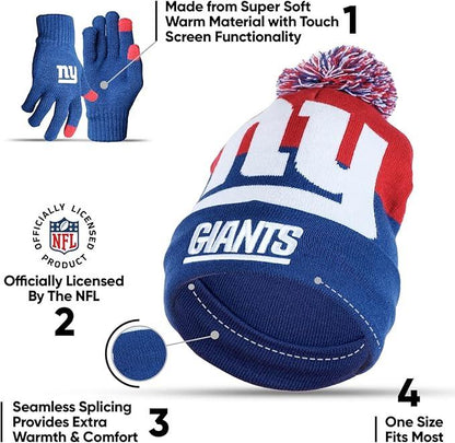 Ultra Game NFL Official Adults Unisex Super Soft Winter Beanie Knit Hat With Extra Warm Touch Screen Gloves, New York Giants, Team Color 2, 1SIZE|New York Giants