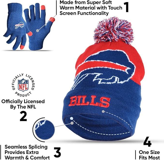 NFL Official Adults Unisex Super Soft Winter Beanie Knit Hat With Extra Warm Touch Screen Gloves|Buffalo Bills