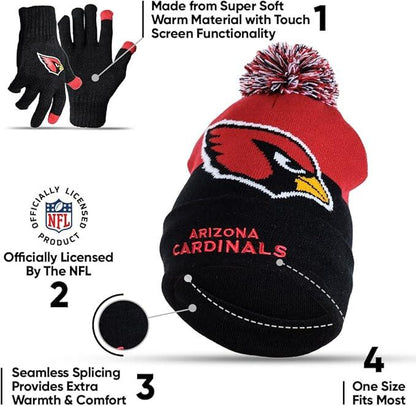 Ultra Game NFL Official Adults Unisex Super Soft Winter Beanie Knit Hat With Extra Warm Touch Screen Gloves, Arizona Cardinals, Team Color, 1 SIZE|Arizona Cardinals