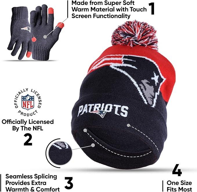 Ultra Game NFL Official Adults Unisex Super Soft Winter Beanie Knit Hat With Extra Warm Touch Screen Gloves, New England Patriots, Team Color, 1 SIZE|New England Patriots