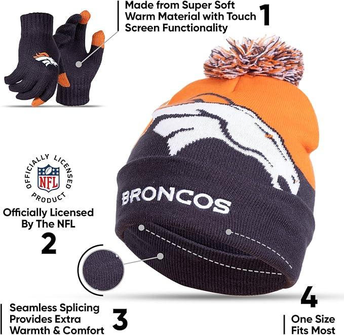 Ultra Game NFL Official Youth Super Soft Winter Beanie Knit Hat With Extra Warm Touch Screen Gloves, Denver Broncos, Team Color 2, 1SIZE|Denver Broncos