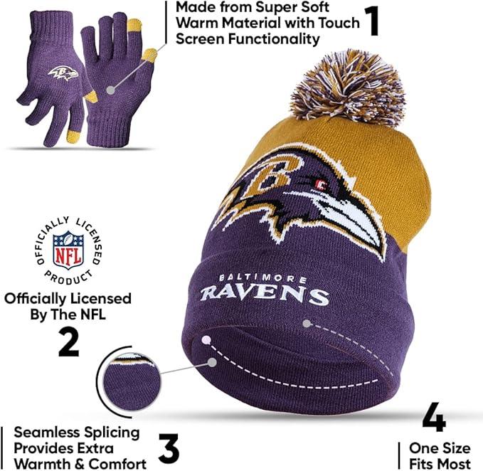 Ultra Game NFL Official Adults Unisex Super Soft Winter Beanie Knit Hat With Extra Warm Touch Screen Gloves, Baltimore Ravens, Team Color, 1 SIZE|Baltimore Ravens