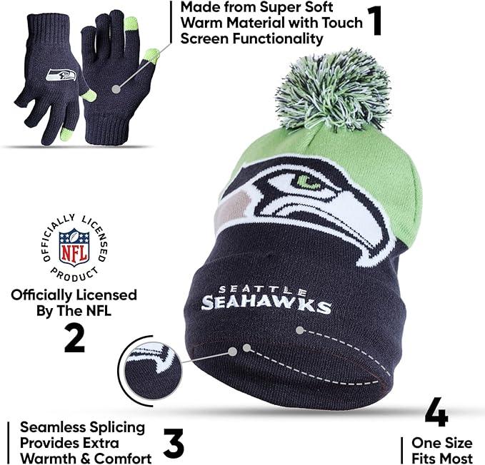 Ultra Game NFL Official Adults Unisex Super Soft Winter Beanie Knit Hat With Extra Warm Touch Screen Gloves, Seattle Seahawks, Team Color, 1SIZE|Seattle Seahawks