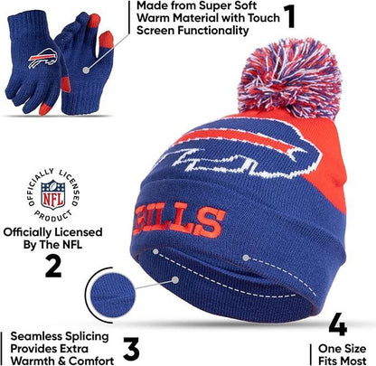 NFL Official Youth Super Soft Winter Beanie Knit Hat With Extra Warm Touch Screen Gloves|Buffalo Bills