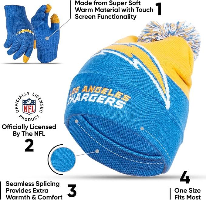 Ultra Game NFL Official Youth Super Soft Winter Beanie Knit Hat With Extra Warm Touch Screen Gloves, Los Angeles Chargers, Team Color 2, 1SIZE|Los Angeles Chargers