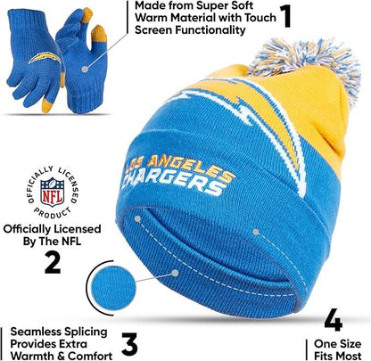 Ultra Game NFL Official Youth Super Soft Winter Beanie Knit Hat With Extra Warm Touch Screen Gloves, Los Angeles Chargers, Team Color 2, 1SIZE|Los Angeles Chargers