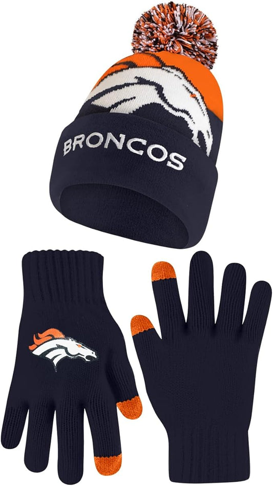 Ultra Game NFL Official Adults Unisex Super Soft Winter Beanie Knit Hat With Extra Warm Touch Screen Gloves|Denver Broncos