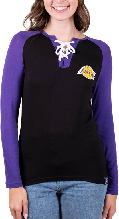 Ultra Game NBA Los Angeles Lakers Women's Super Soft Long Sleeve Lace-up Shirt|Los Angeles Lakers - UltraGameShop