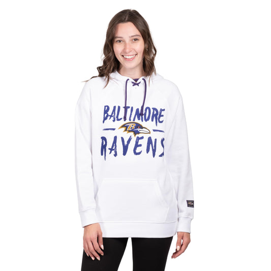 Ultra Game NFL Official Women's Super Soft Tie Neck Pullover Hoodie Sweatshirt, Baltimore Ravens, White|Baltimore Ravens