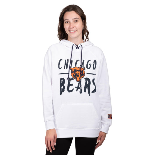 Ultra Game NFL Official Women's Super Soft Tie Neck Pullover Hoodie Sweatshirt, Chicago Bears, White|Chicago Bears