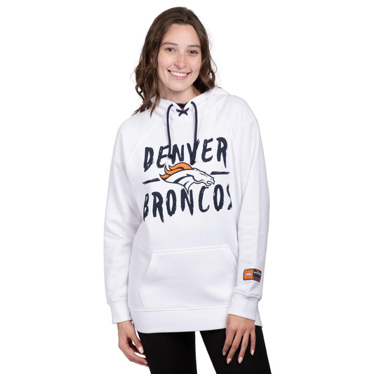 Ultra Game NFL Official Women's Super Soft Tie Neck Pullover Hoodie Sweatshirt, Denver Broncos, White|Denver Broncos