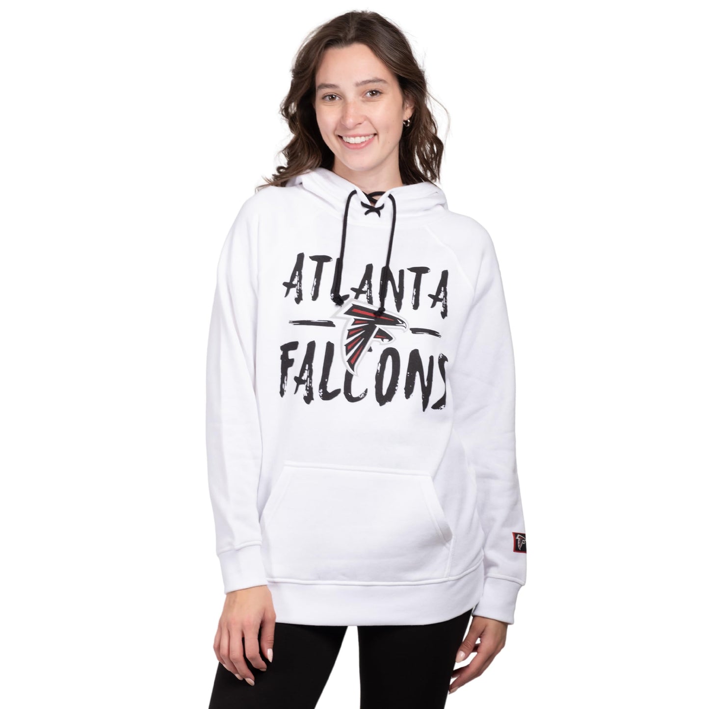 Ultra Game NFL Official Women's Super Soft Tie Neck Pullover Hoodie Sweatshirt, Atlanta Falcons, White|Atlanta Falcons