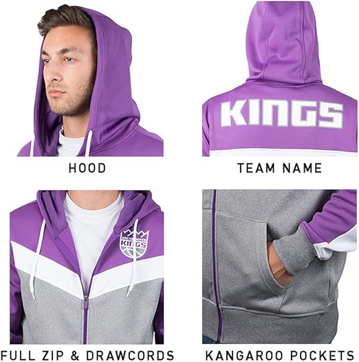 Ultra Game NBA Sacramento Kings Men's Contrast Back Cut Full Zip Hoodie Sweatshirt|Sacramento Kings - UltraGameShop