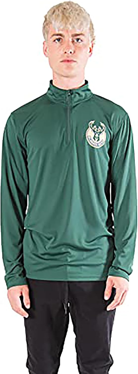 Ultra Game NBA Official Men‚Äôs Quarter Zip Long Sleeve Pullover T-Shirt - Unisex Milwaukee Bucks|Milwaukee Bucks