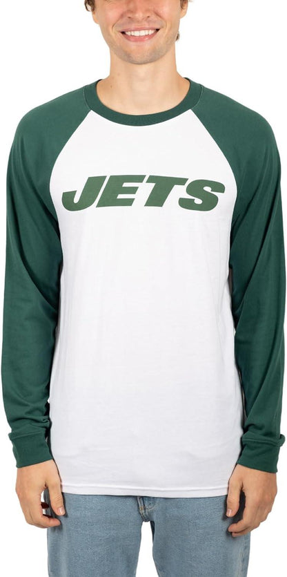 Ultra Game NFL Mens Super Soft Raglan Baseball Long Sleeve T-Shirt| New York Jets - UltraGameShop