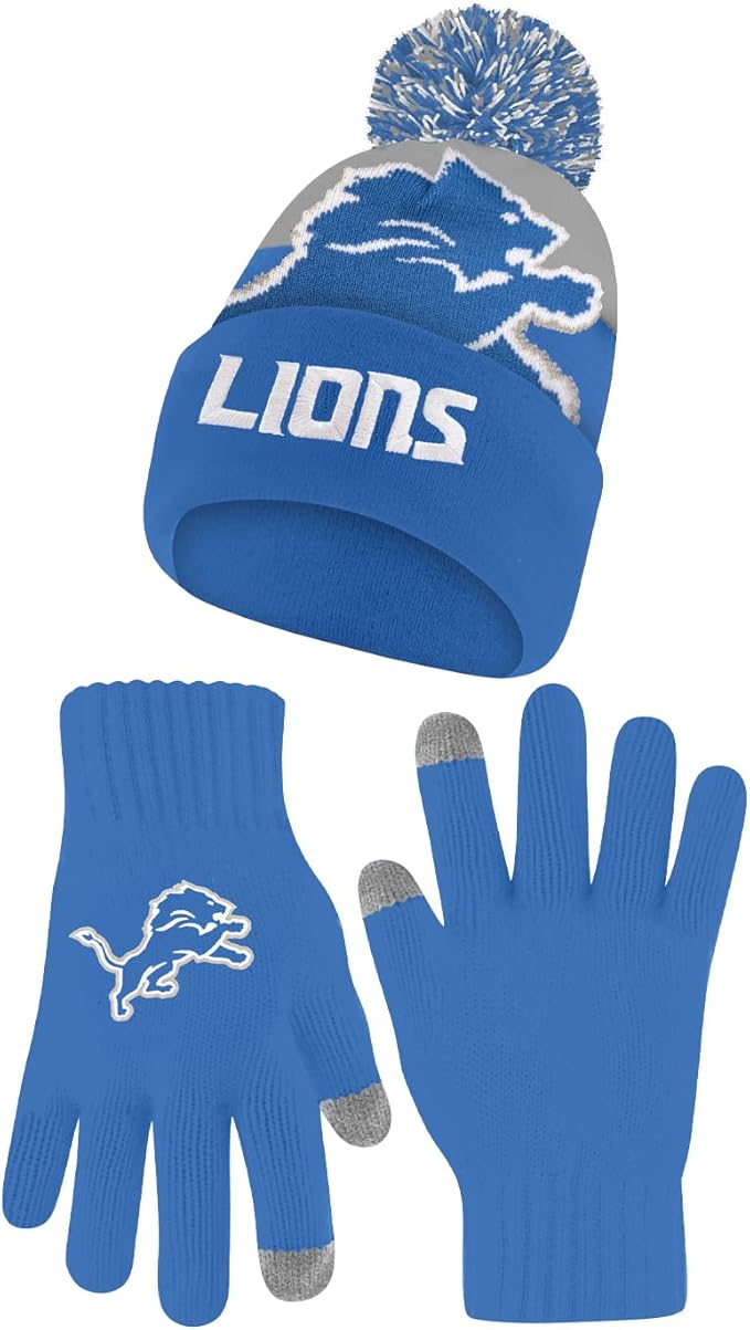NFL Official Adults Unisex Super Soft Winter Beanie Knit Hat With Extra Warm Touch Screen Gloves|Detroit Lions