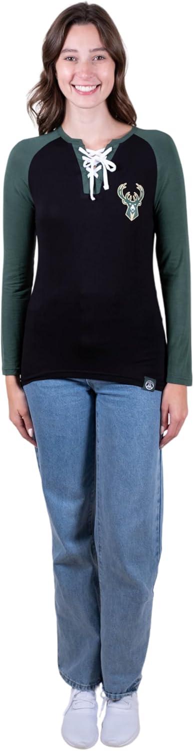 Ultra Game NBA Milwaukee Bucks Women's Super Soft Long Sleeve Lace-up Shirt|Milwaukee Bucks - UltraGameShop