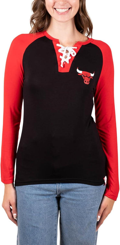 Ultra Game NBA Chicago Bulls Women's Super Soft Long Sleeve Lace-up Shirt|Chicago Bulls - UltraGameShop