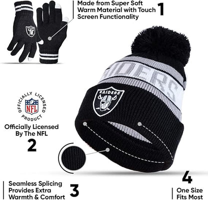 NFL Official Adults Unisex Super Soft Winter Beanie Knit Hat With Extra Warm Touch Screen Gloves|Las Vegas Raiders