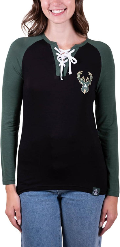 Ultra Game NBA Milwaukee Bucks Women's Super Soft Long Sleeve Lace-up Shirt|Milwaukee Bucks - UltraGameShop