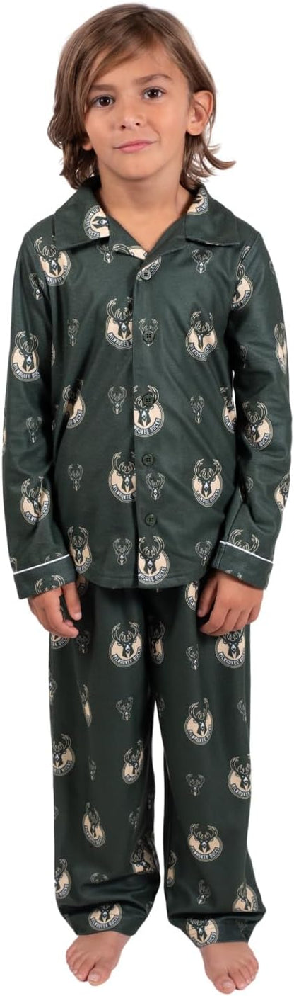 Ultra Game NBA Official Youth 2-Piece Super Soft Button Down Pajamas Set, Milwaukee Bucks, Boys Sizes|Milwaukee Bucks