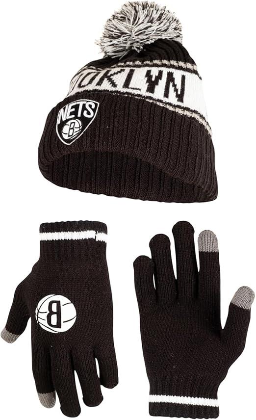 Ultra Game NBA Brooklyn Nets Adults Super Soft Winter Beanie Knit Hat With Extra Warm Touch Screen Gloves|Brooklyn Nets - UltraGameShop