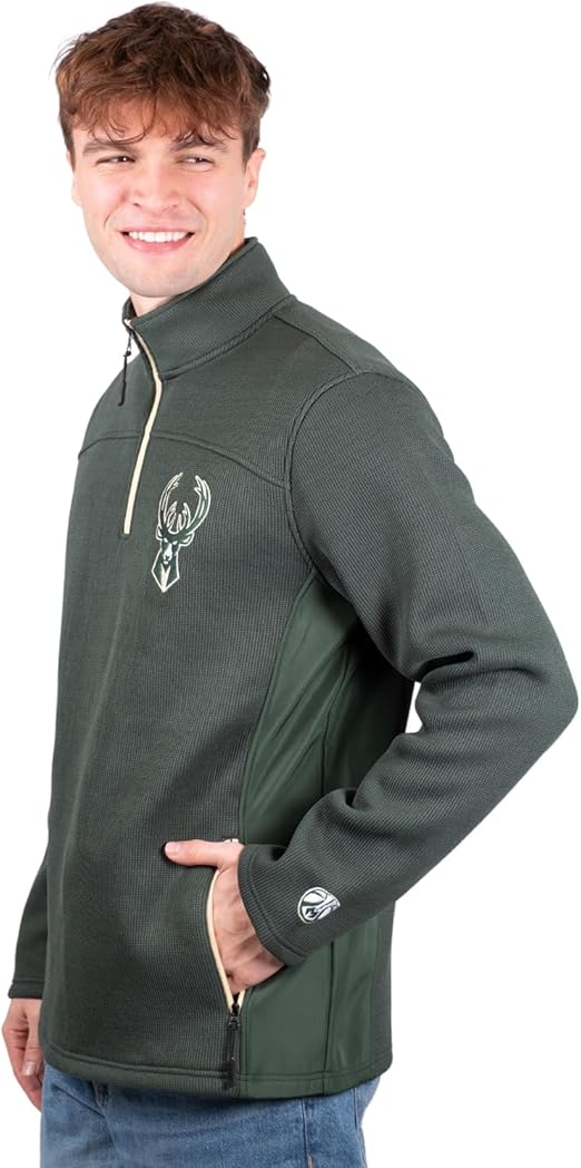 Ultra Game Milwaukee Bucks Men's Quarter Zip Fleece Pullover Sweatshirt with Zipper Pockets|Milwaukee Bucks - UltraGameShop