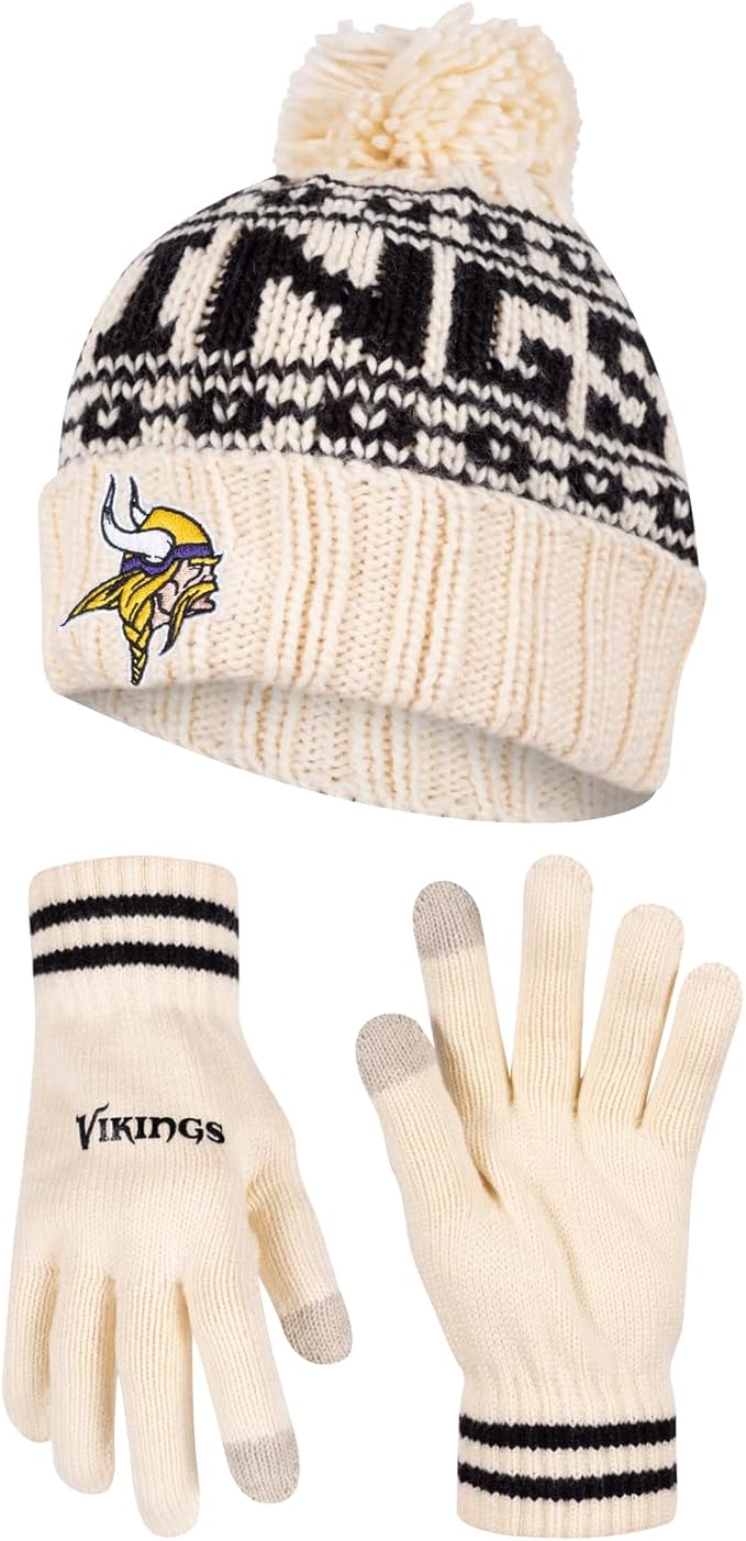 Ultra Game NFL Official Adults Super Soft Cable Knit Winter Beanie Knit Hat with Extra Warm Touch Screen Gloves|Minnesota Vikings