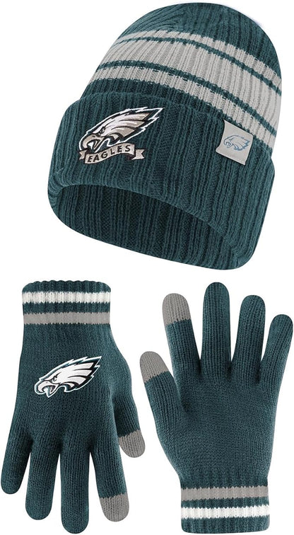 NFL Womens Super Soft Team Stripe Winter Beanie Knit Hat with Extra Warm Touch Screen Gloves|Philadelphia Eagles